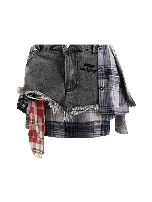 Summer Chic High-Waist Plaid Denim Skirt