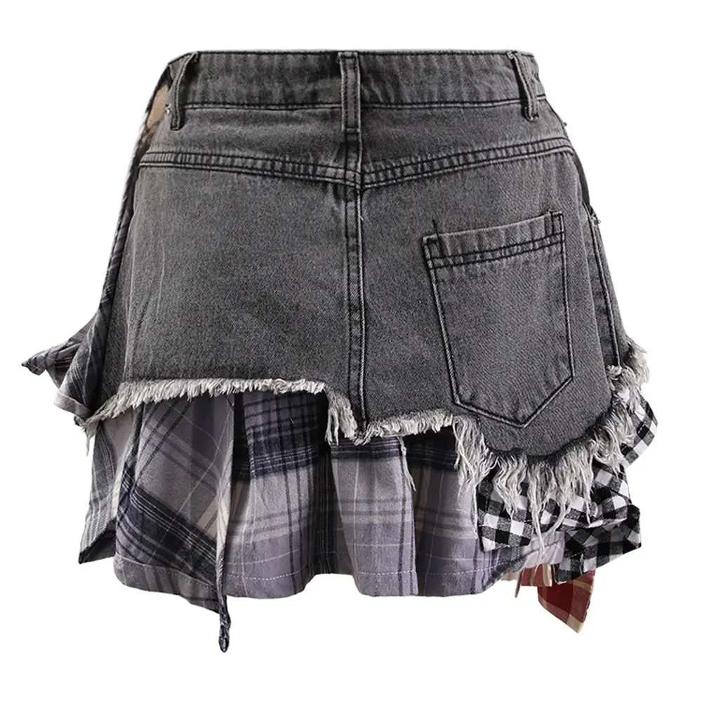 Summer Chic High-Waist Plaid Denim Skirt