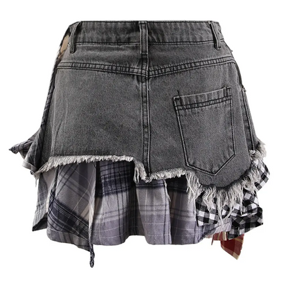 Summer Chic High-Waist Plaid Denim Skirt